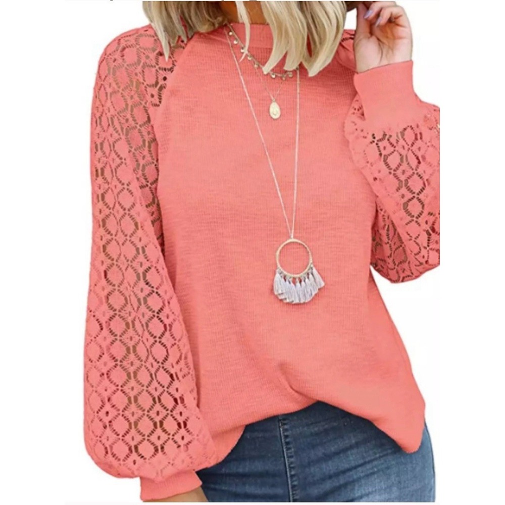 Miholl Womens‎ Top Waffle Knit Peach Lace Long Sleeve Top Shirt XL Preowned